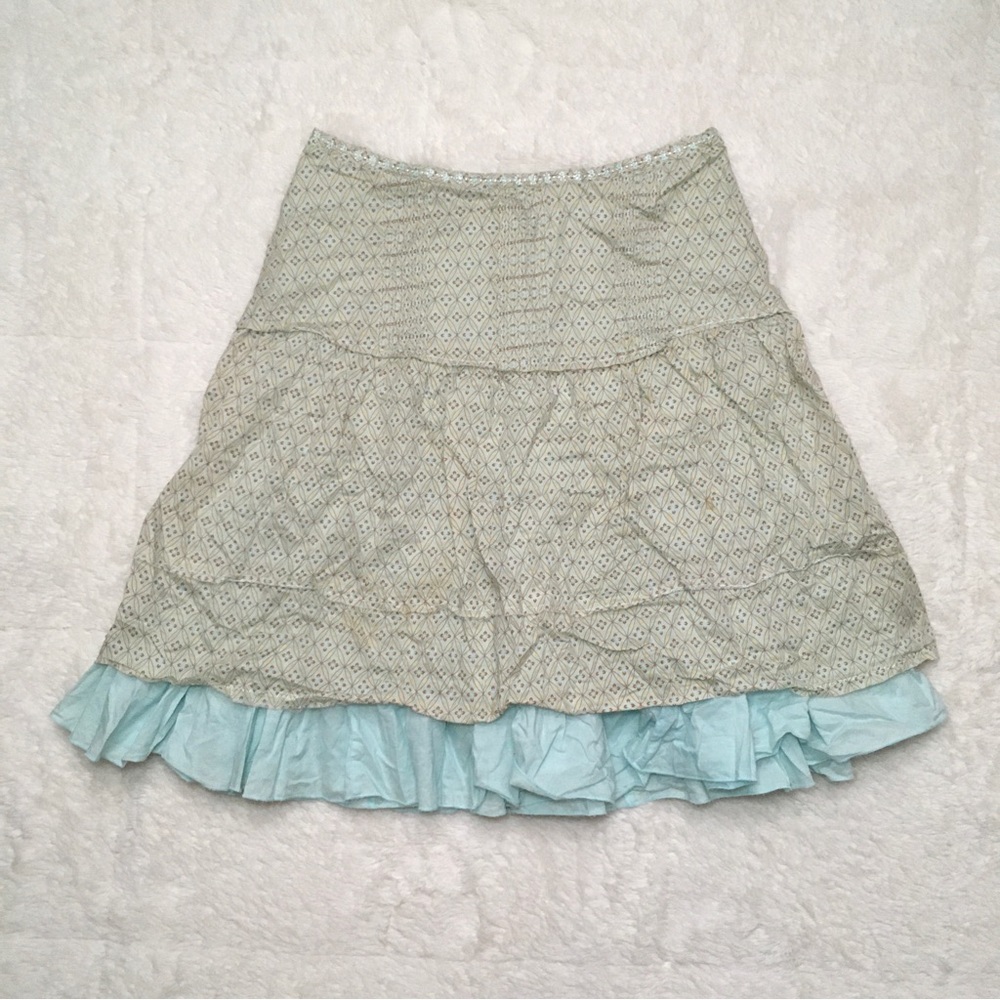 00s American Eagle Beige Blue Layered Knee Length Midi Fairy Coquette Skirt